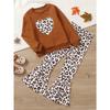 Two-Piece Girls' Casual Leopard Print Set with Heart Pattern - Brown White Long Sleeve Top Pants, Perfect for Fall/Winter