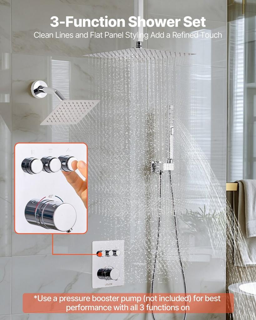 Shower Faucet Set, 305 mm Thermostatic Ceiling Mount Rainfall Shower System with 152 mm Wall Mount Head and 2 in 1 Handheld Spray, 3-Function Dual