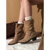 Sheepskin Version~ Pointed Thick Heel White Short Boots Women's 2025 New British Style Belt Buckle Thick Heel Temperament Martin Boots