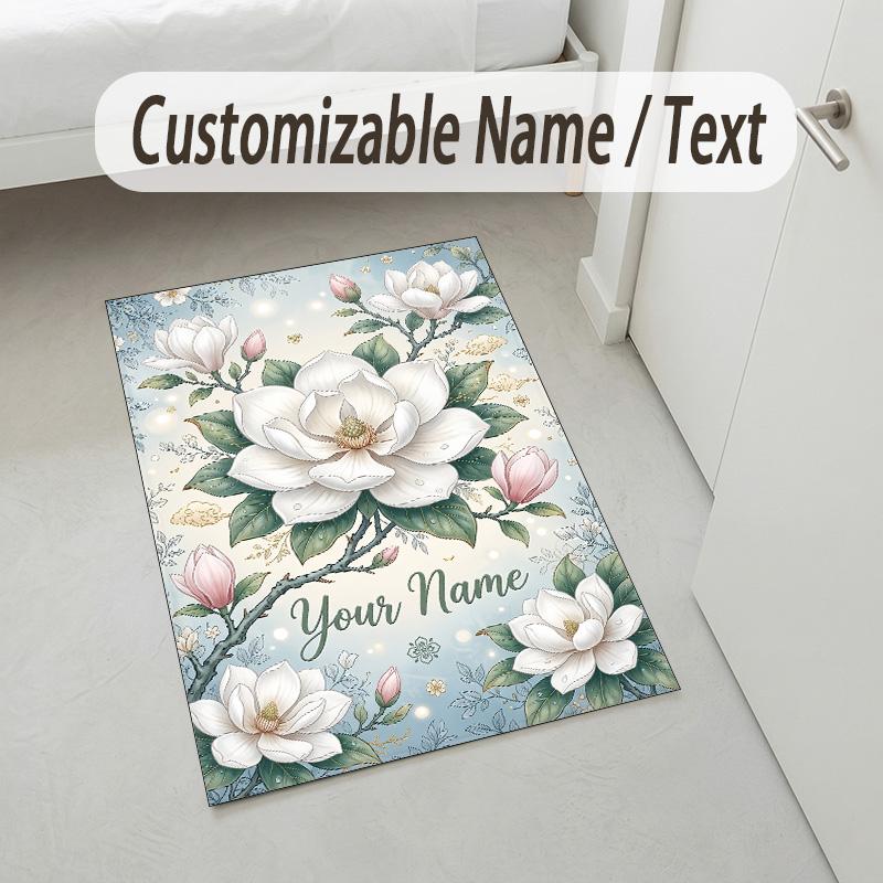 Floral Elegance Theme Soft Crystal Velvet Rug Custom Name & Text Print Non Slip Floor Rug for Bedroom Living Room