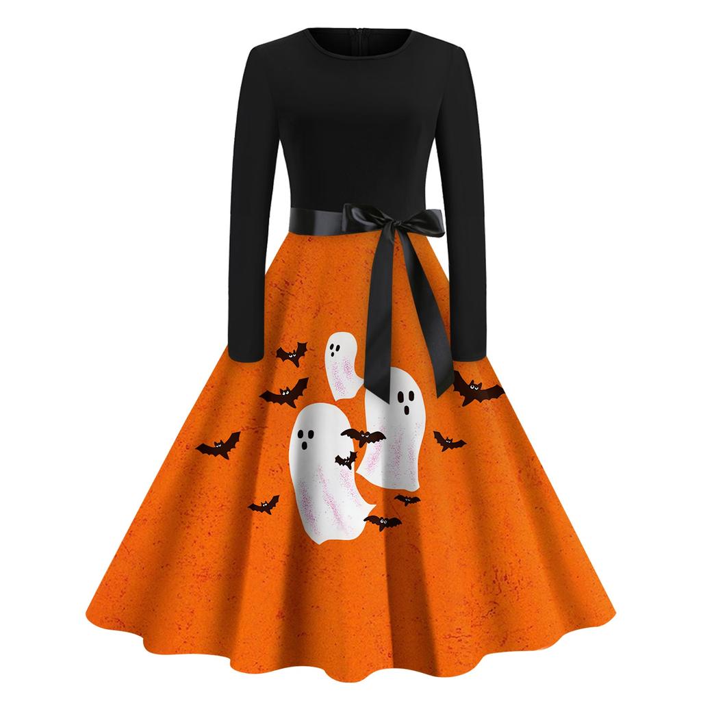Halloween Dame Casual Mote Rund Hals Trykket Vintage Kjole