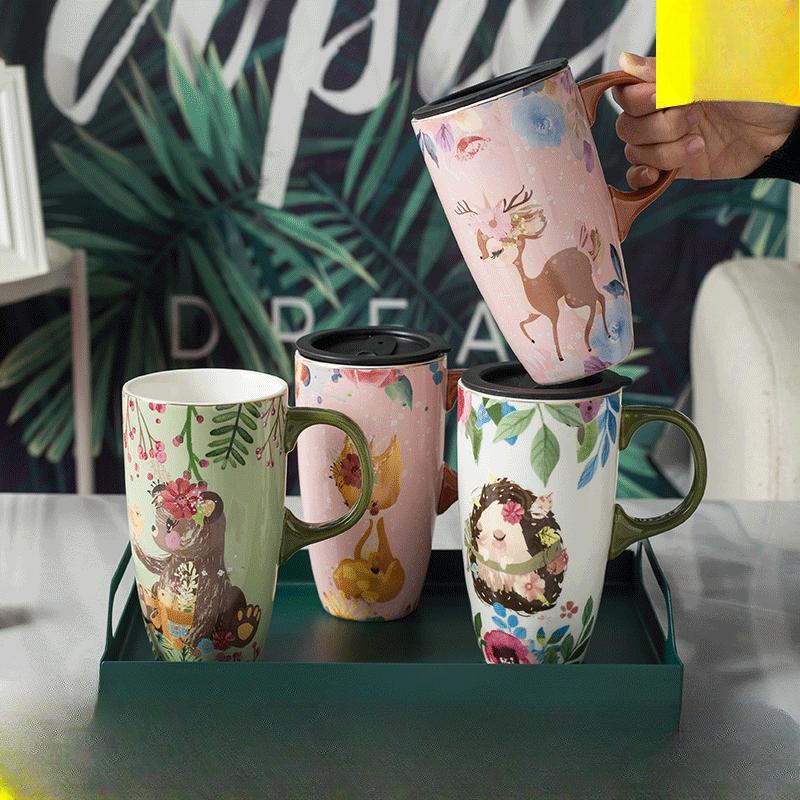 Creative Cartoon Ceramic Cup Large Capacity Drinking Cup with Lid Home Office Coffee Cup High value Couple Mug