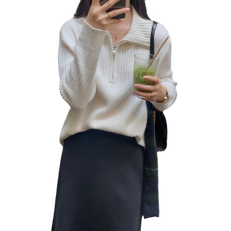 Autumn new zipper sweater knitted sweater women's loose outer wear bottoming top design jacket