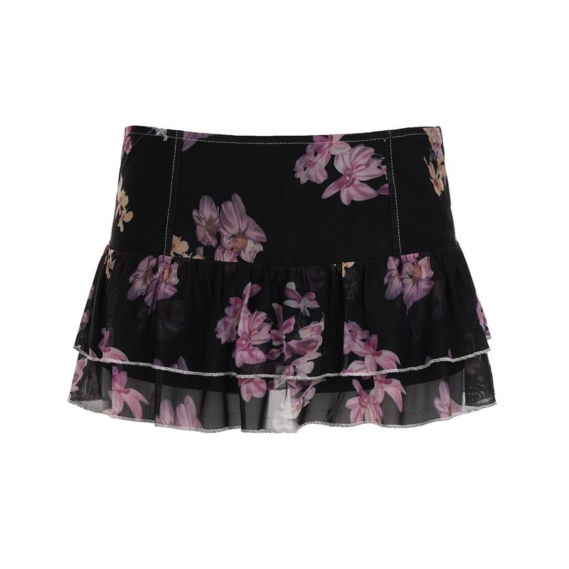

H Home European and American Women s Clothing French Romantic Florals Print Low Waist Mini Skirt Retro Sexy Ruffles Skirt Purple(Including bottoms) L