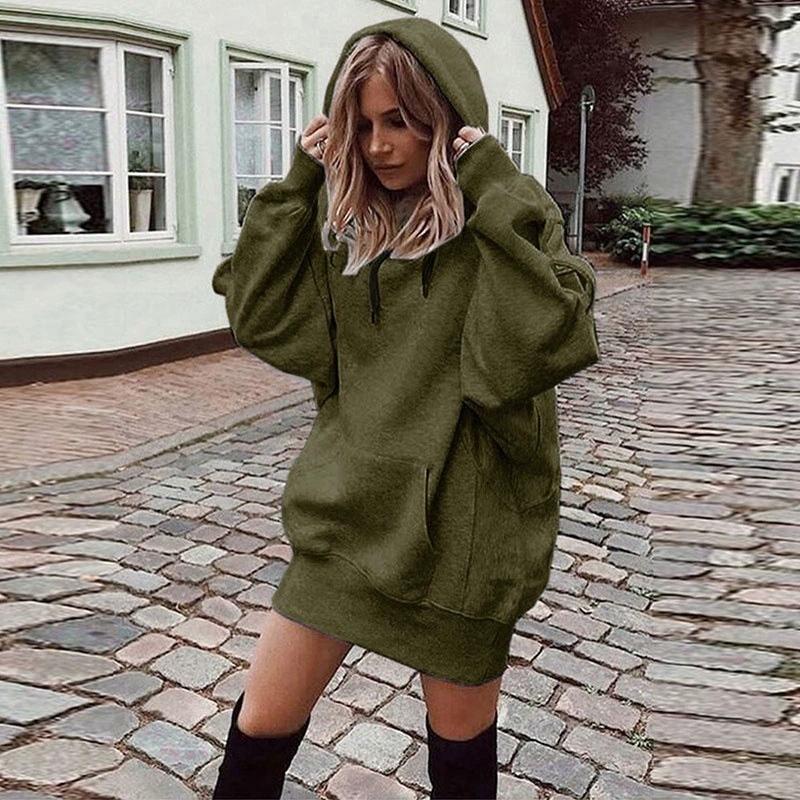 Autumn and Winter Fashion Women's Solid Color Pullover Hooded Loose Fleece Sweater