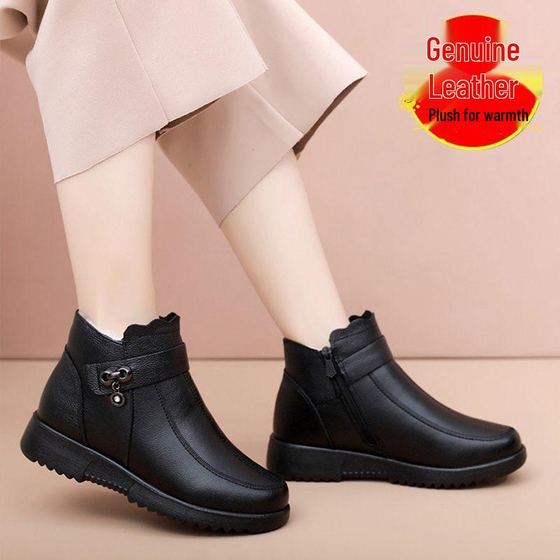 Dámské zimní boty z pravé kůže, protiskluzové, teplé - Měkká podrážka a silná sametová podšívka pro střední věk a seniory