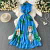 Summer Women Flying Sleeve Print Bling Diamonds Flower Long Maxi Holiday Seaside Dresses