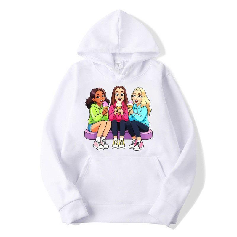 Cartoon Three Sisters Print Hoodie for Girls – Spring/Autumn Casual Breathable Top 130cm белый