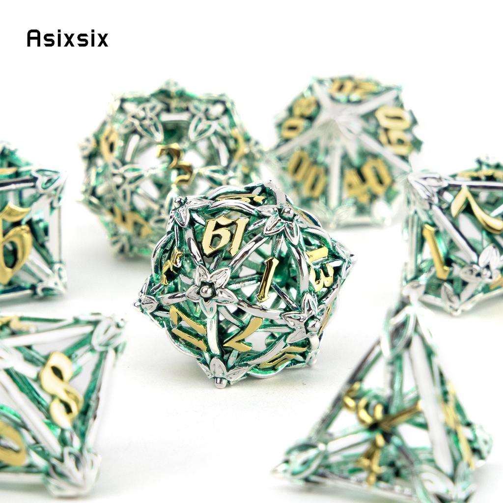 7 Pcs Silver Green Leaf Flower Metal Dice Hollow Metal Polyhedral Dice Set Suitable For Role-Playing Dice PropBoard Game Gift