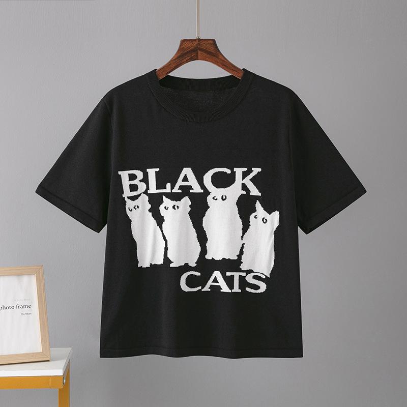 Sommer Damen T-Shirt Plus Size Rundhals Jacquard Katze Lose Kurzarm Tops