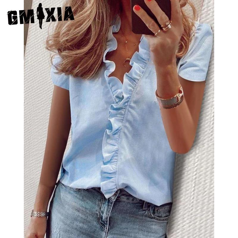 GMXIA Women's Fashion Casual Solid Color Print Short Sleeve V Neck Blouses & Shirts