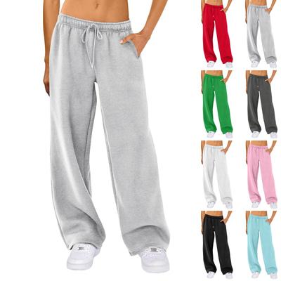 Damen Jogginghose mit weitem Bein, hohe Taille, Kordelzug, Workout, sportliche Sweat-Freizeithose mit Taschen