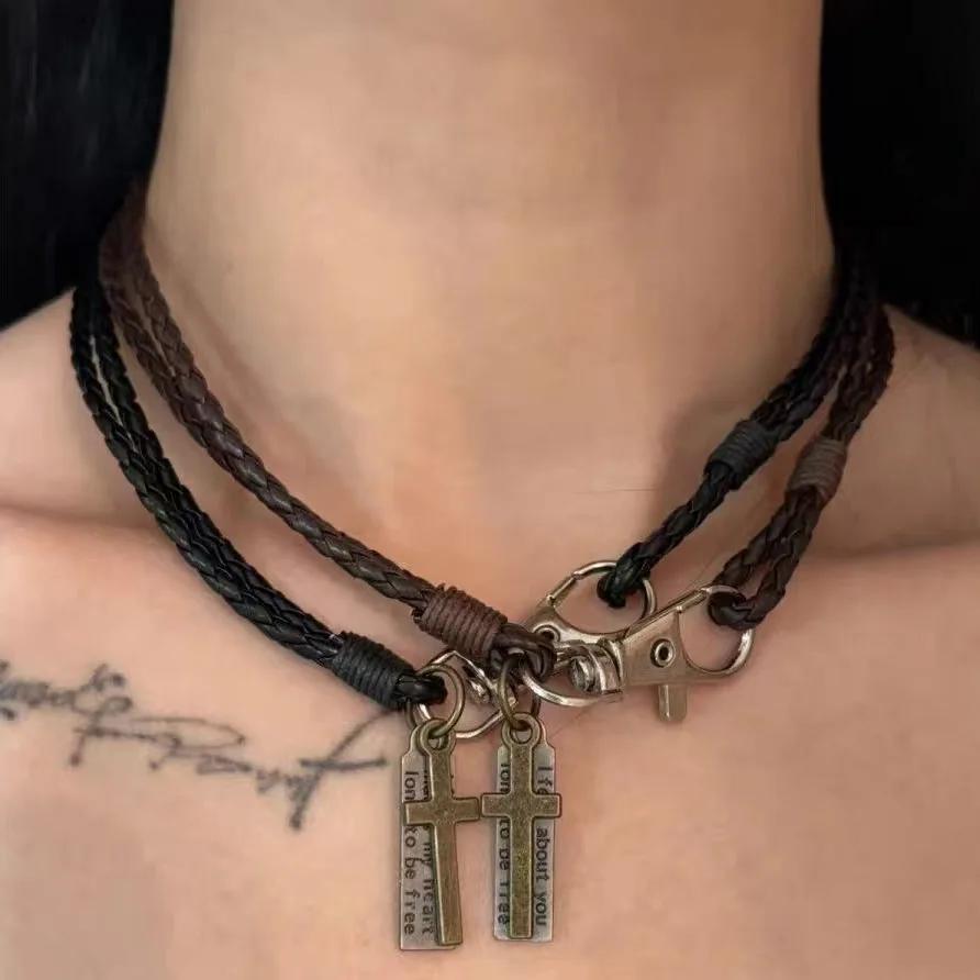 Vintage Square Cross Leather Rope Necklace for Men Double-layer Choker Collarbone Chain Harajuku Style Pendant Neckchain Zircon