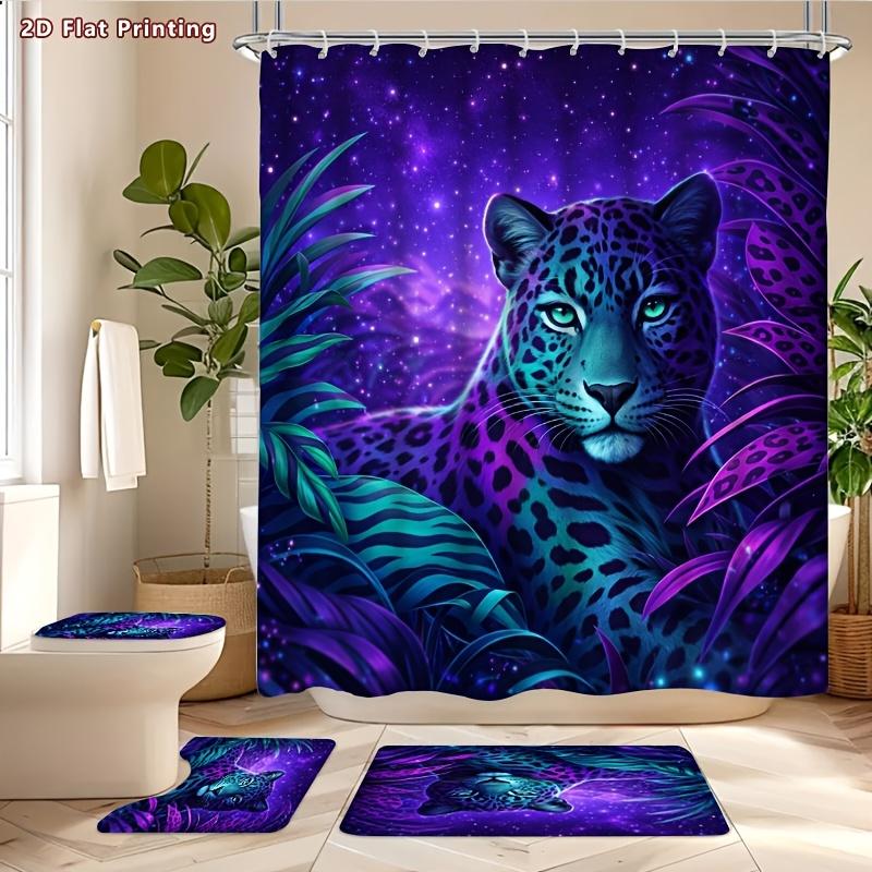 4Pcs Jungle Leopard Shower Curtain Set with Non-Slip Bath Mat, Toilet Lid Cover, Contour Rug & 12 Hooks, Bathroom Decor