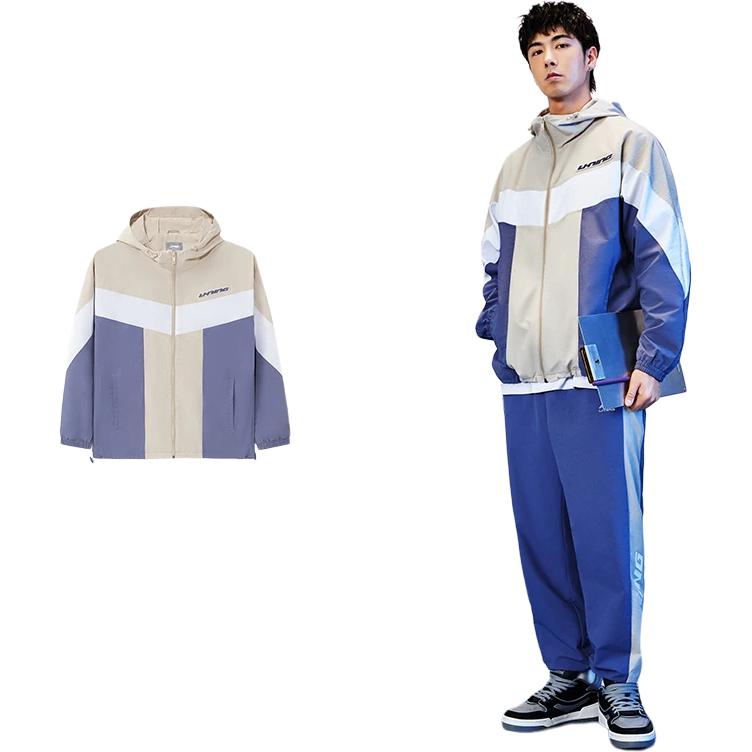 Li-Ning Colorblock Zip-Up Hooded Jacket Men Outerwear White Grey Ink-Blue AFDS033-3