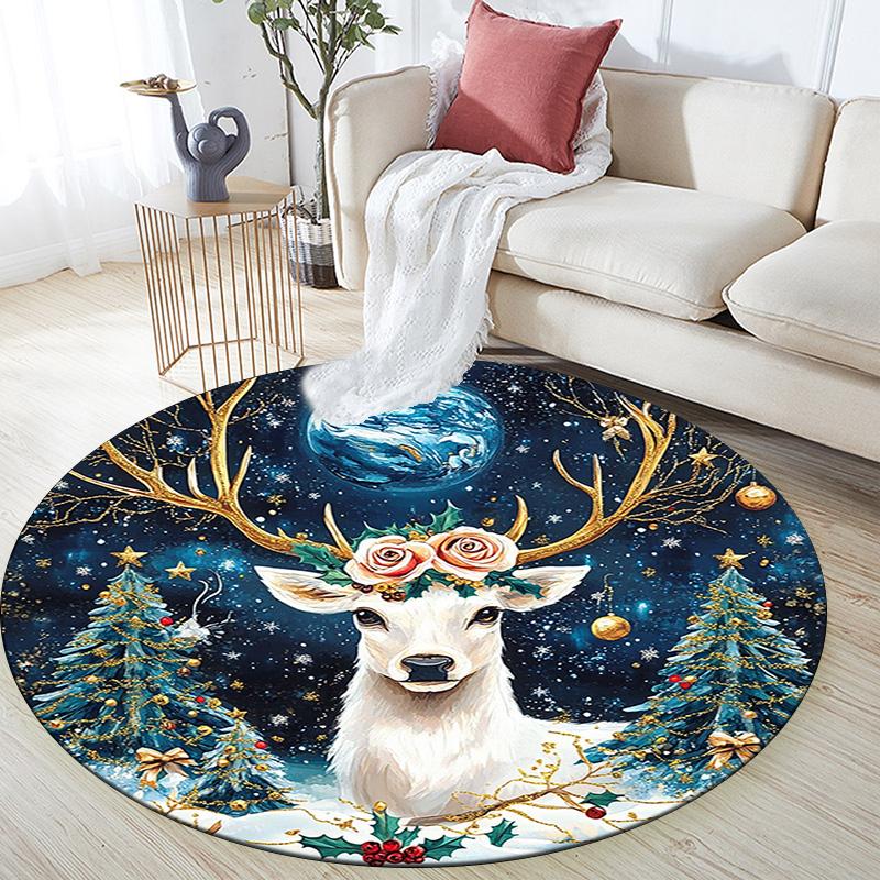 Winter Deer Round Area Rug,Carpet Rug for Living Room Bedroom Sofa Playroom Decor,Non-slip Floor Mat