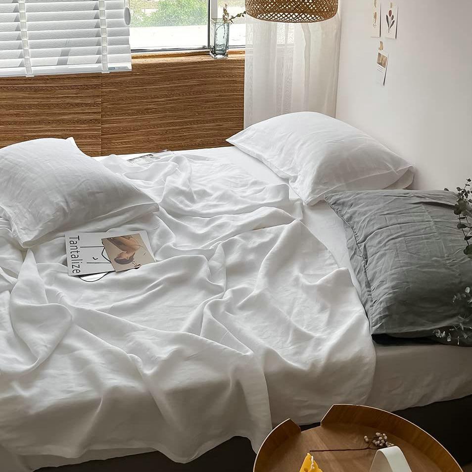 100% Linen Bed Sheet Set, High Quality Solid Color Fitted Sheet Set, Single Double Queen King Size Flat Sheet Set,Bedding White