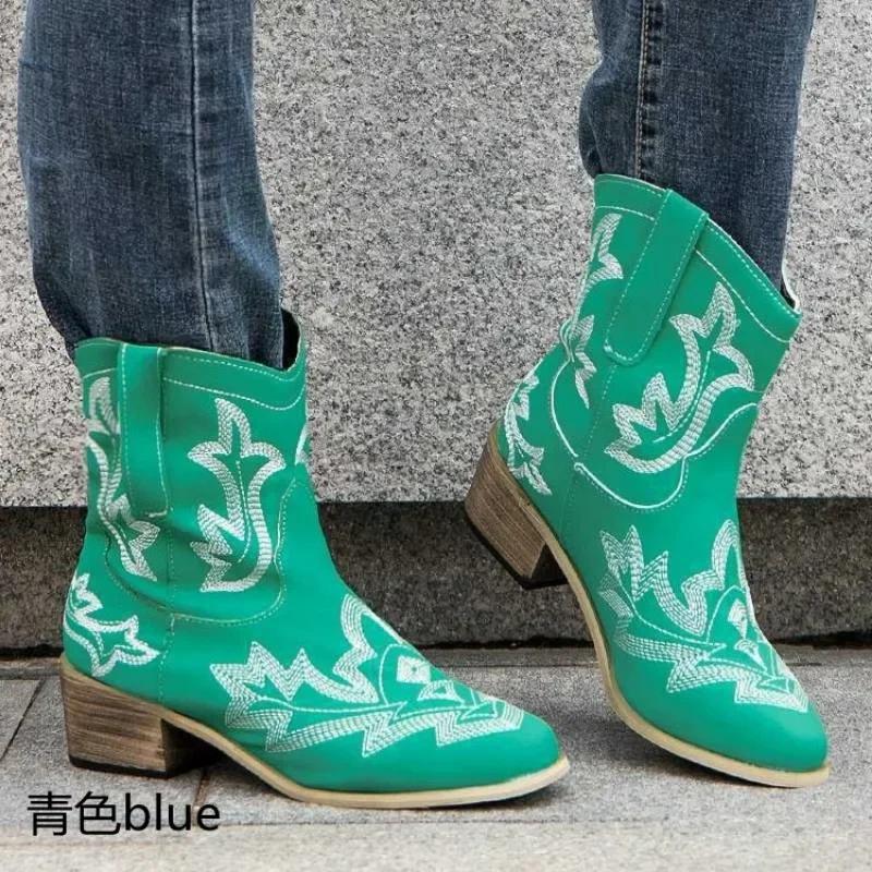 Women's Chelsea Boots Embroidered Western Pointed Retro Cowboy Boots 2024 Winter Women's New Casual Square Heel Slip-on Boots