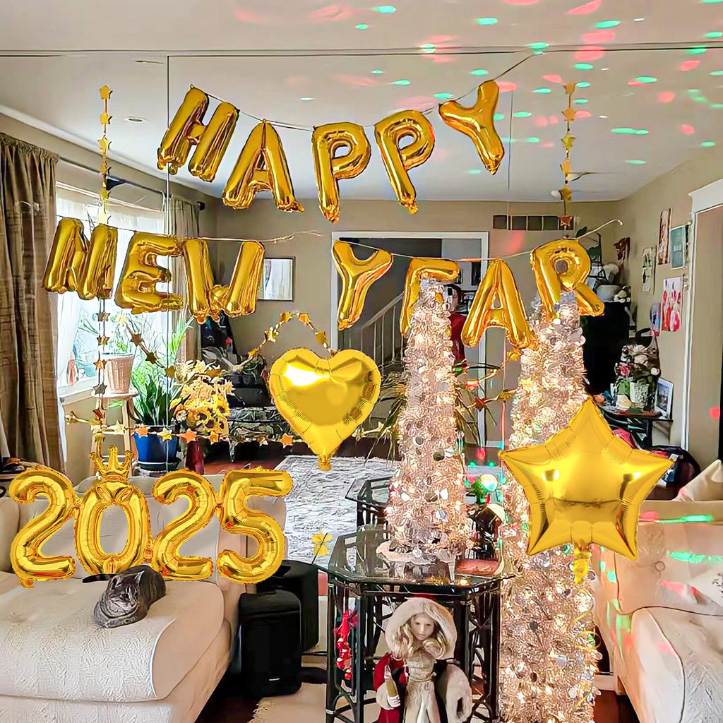 15pcs2025 Crown Number Foil Balloons, Happy New Year Letter Balloons, Suitable for New Year's Eve Party, Christmas Party