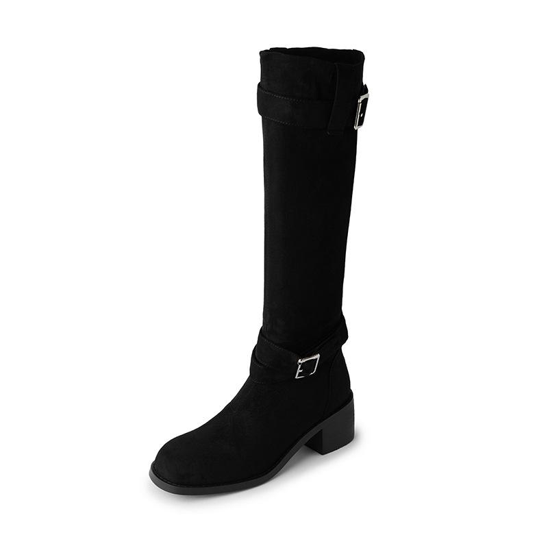 Cowhide version pleated stacked fashion boots women's thick heel thin versatile suede boots western boots tall knight boots