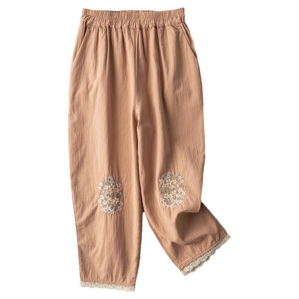 Women's Cotton Linen Embroidered Casual Pants - Retro, Loose, Slimming with Lace Trim, Summer Style 2022.