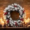 Snowy Christmas Pine Wreath Evergreen Plastic Artificial Pine Garland Red Berries Round Pine Needles Door Wreath Outdoor Indoor