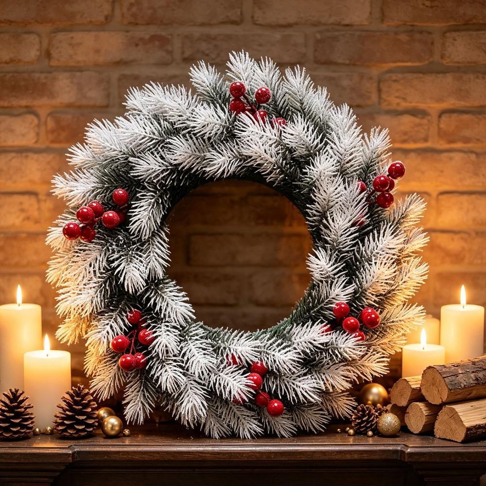 Snowy Christmas Pine Wreath Evergreen Plastic Artificial Pine Garland Red Berries Round Pine Needles Door Wreath Outdoor Indoor