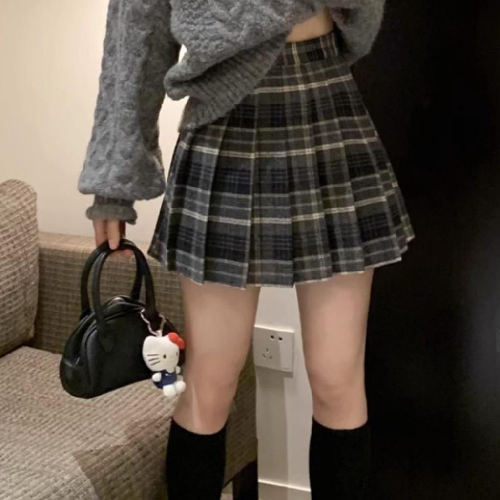 Retro Wool Blend Plaid Midi Skirt: Autumn/Winter, Plus Size, Pleated A-Line, Tummy Control, Anti-Exposure Mini Skirt