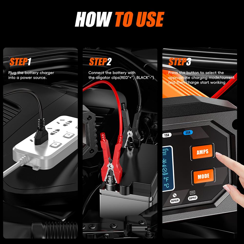 For AGM GEL SLA Lead-Acid LiFePO4 7-stage Chargers Smart Battey Charger 12V 24V 20A 10A Large Screen Digital Display Car Motorcycle Battery Charger