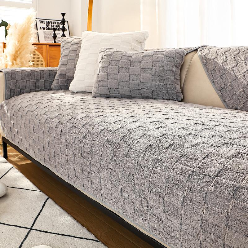 Sofa Cushion Plush Winter Non-Slip Simple Modern Seat Cushion Living Room Solid Color Armrest Back Towel Sofa Cover Cover Cloth