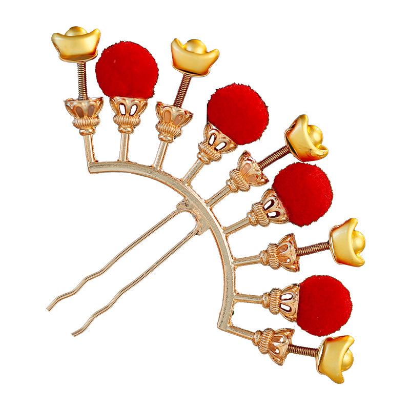 Antik-inspirierte Haarnadel des Reichtumsgottes mit Fellbommel - Elegantes Damen-Kopfschmuck für Herbst, Winter & Neujahr