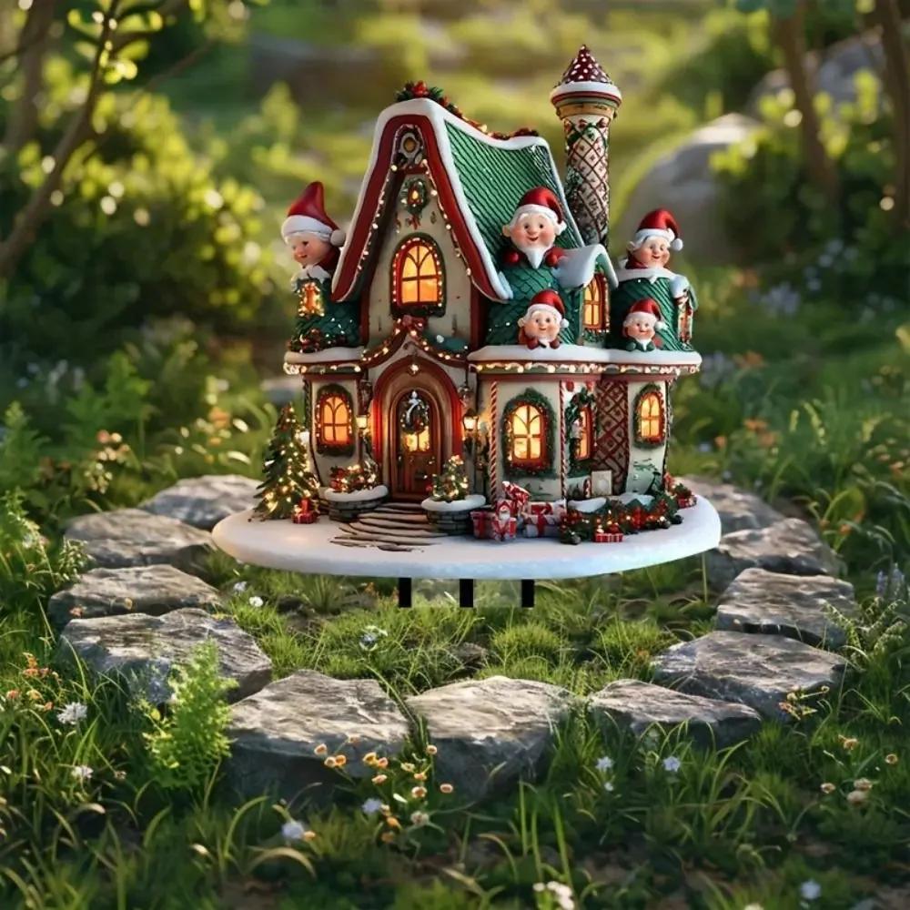 Elf House Acrylic Yard Stake Signs, Outdoor Courtyard Christmas Decoration Plugs Christmas Elf House Waterproof Garden Stake