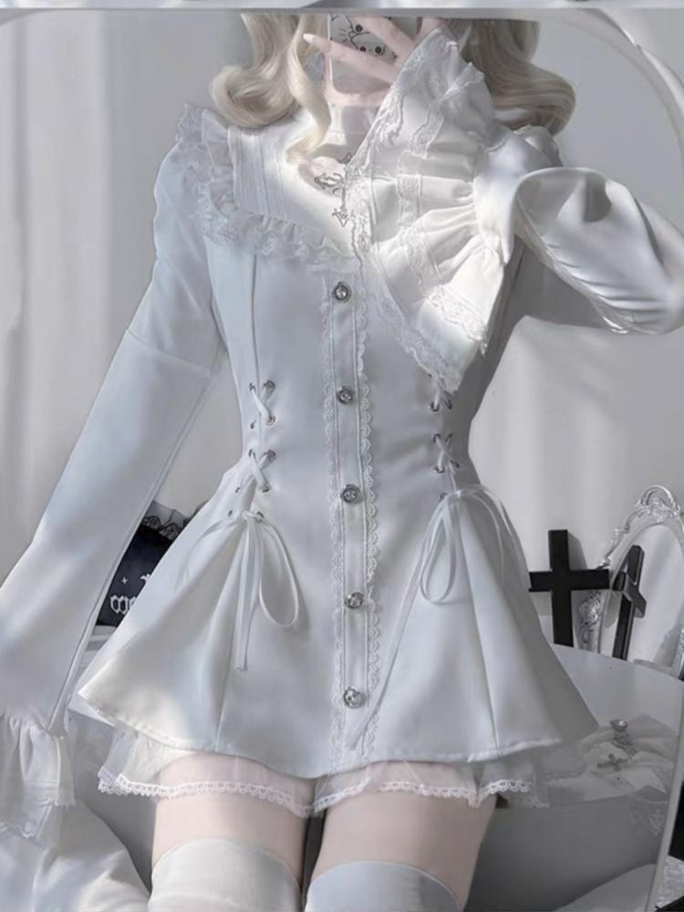 

Готическое винтажное платье в стиле хот-гёрл, облегающее, в лоскутной технике, женское, уличное, кружевное, скинни, с длинным рукавом, платья, Франция, милое белое, одежда, новое S белый