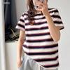 Nanyou Premium Cotton Color Block Stripe Embroidered Short Sleeve Round Neck Knit T-shirt for Women