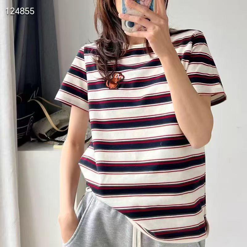 Nanyou Premium Cotton Color Block Stripe Embroidered Short Sleeve Round Neck Knit T-shirt for Women