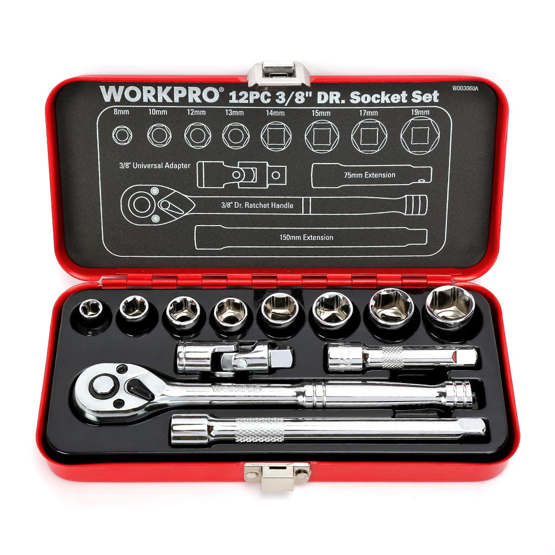 

WORKPRO 12-Piece Garage Tool Set with Socket Wrench, Ratchet Wrench, 9.5mm (3/8 ) Drive, Quick-Release Ratchet Handle, and Steel Case Included