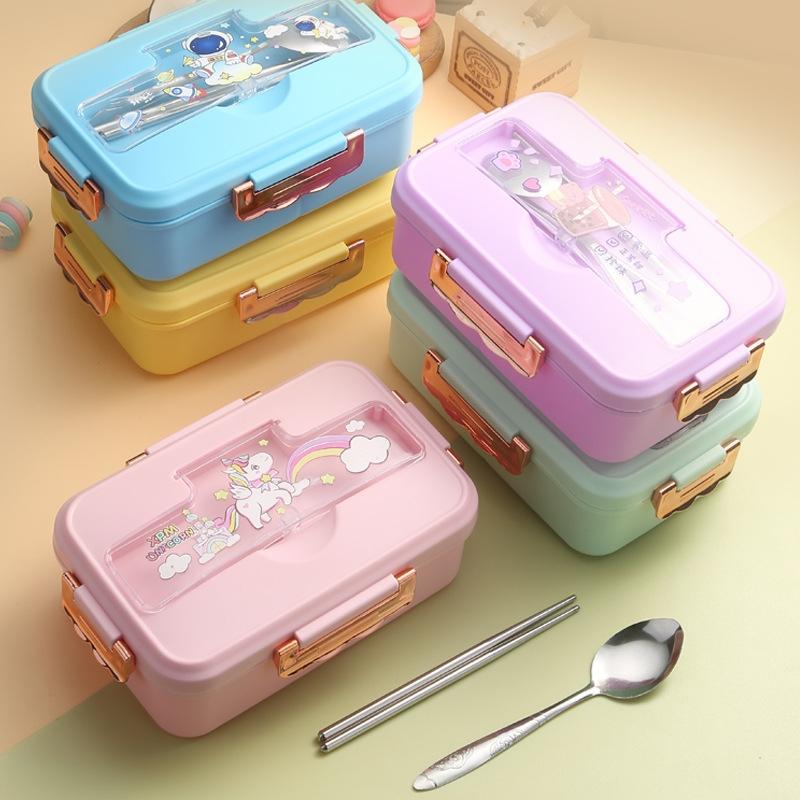 Lunch Box Cartoon Pattern Student Bento Box with Cutlery 3 Grid Office Worker Household Crisper Microwave Oven Heating Tableware