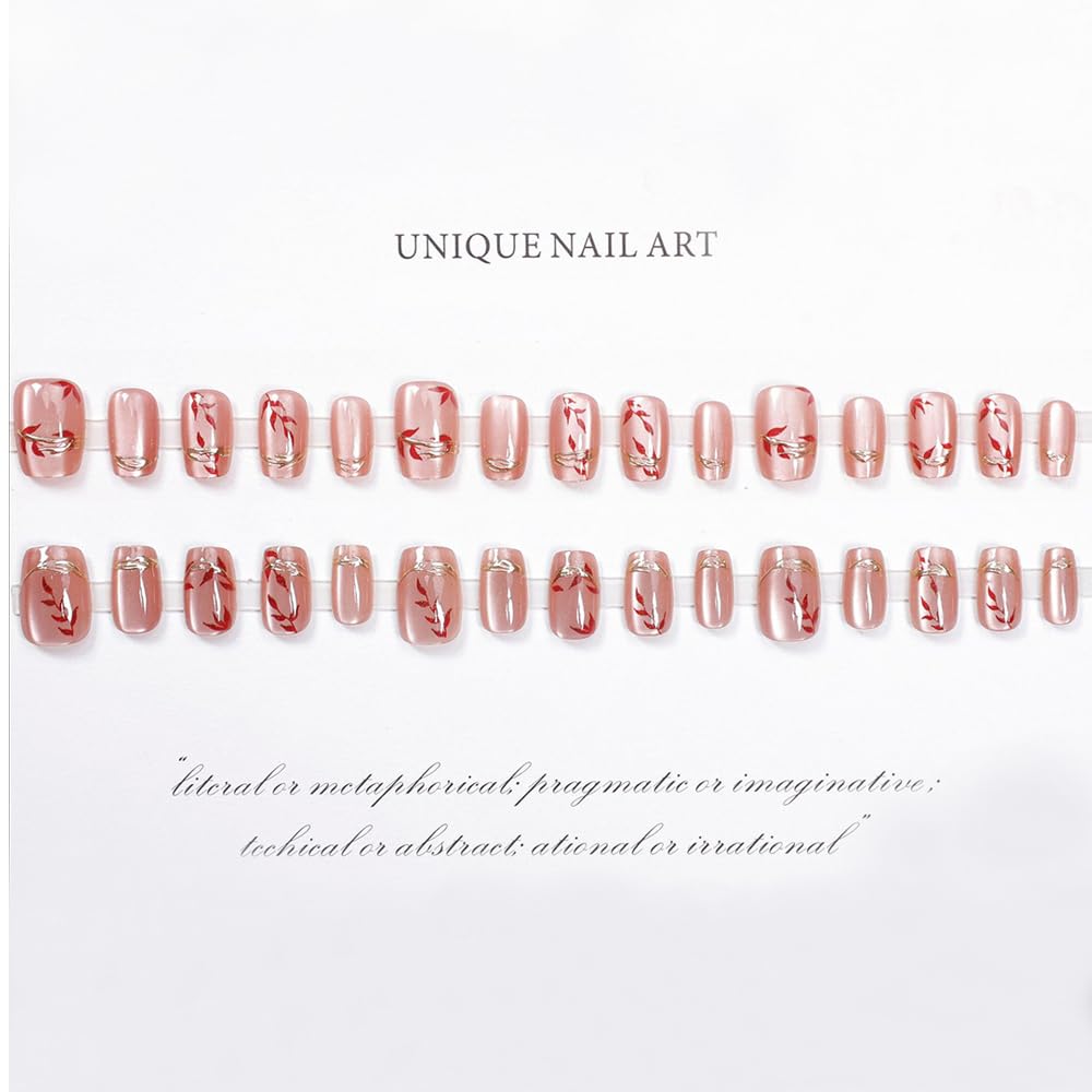 Secret Lives Cats Eye Reusable Artificial Nude Pink Color with Golden & Red Leaves Design Press On Nails 24 Pieces Set with Kit
