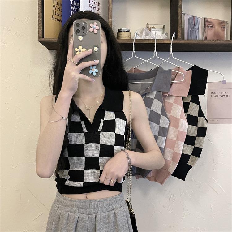 

Новый вязаный женский короткий топ в стиле шахматной доски в стиле ретро без рукавов для похудения FD26565126