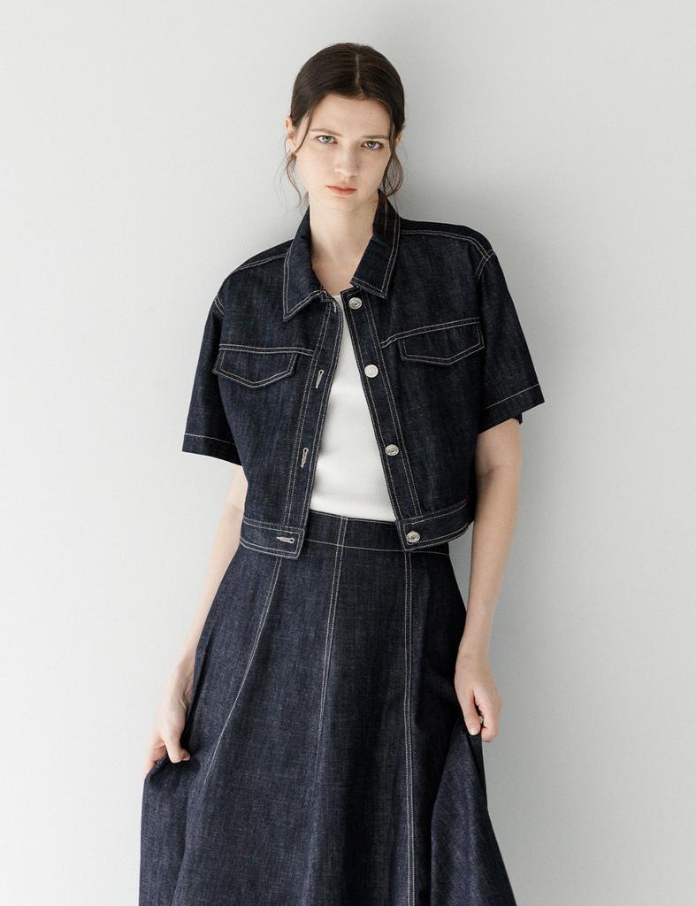 THEELO Denim Cropped Jacket (Dark Blue)