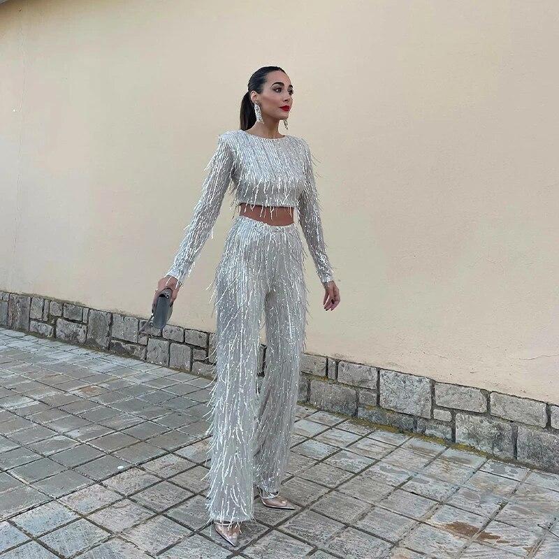 Paiete cu ciucuri Femei Seturi 2 piese Argintiu Mătase strălucitoare Topuri crop cu decolteu Pantaloni largi Pantaloni pentru femei Set de pantaloni pentru femeie Fashion Street Lady Set Legant Party Sexy Outfits