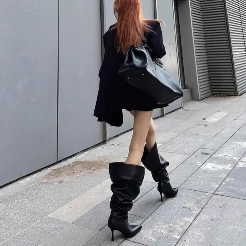 Oversized High-heeled Boots European and American Babes with Pointed Toe Stiletto Heels Over The Knee Wide Boots Heap Pile Boots