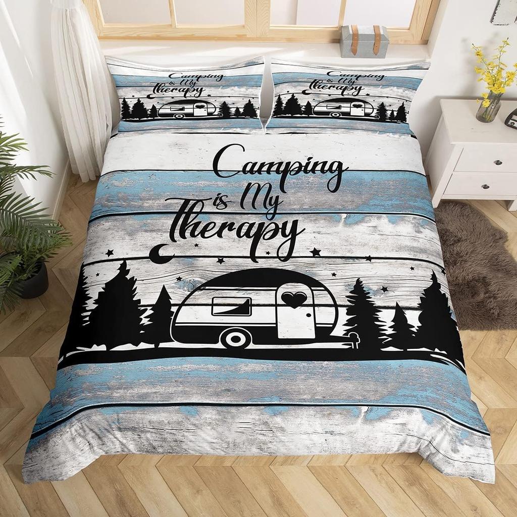 Western Cowhide Duvet Cover King Size Happy Camping Bedding Set Polyester Farmhouse Style Comforter Cover For Travel Rv Bunk Bed