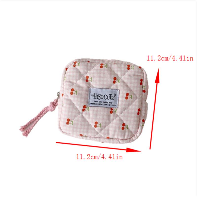 Cute Cherry Plaid Cosmetic Bags Portable Ladies Clutch Purse Women Makeup Case Commute Sanitary Napkin Storage Bag Headphone Bag