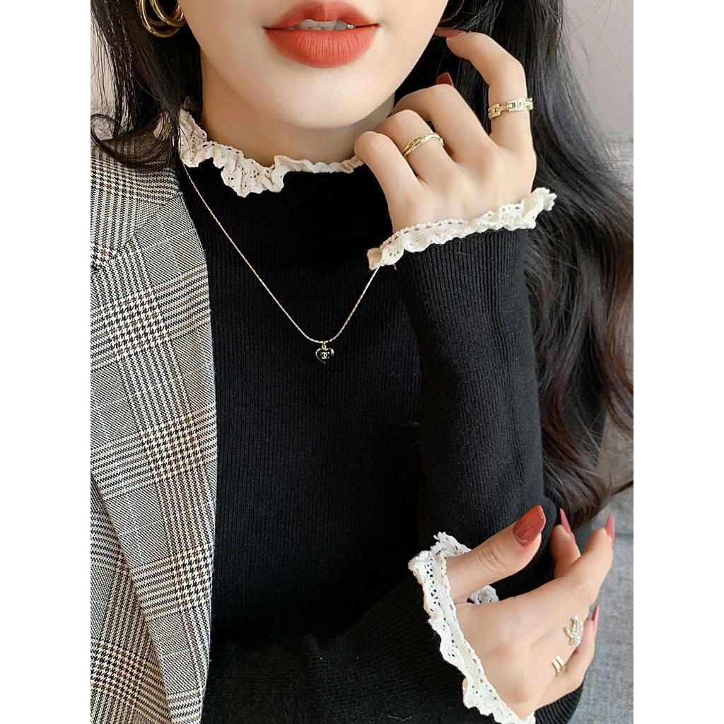 Semi-turtleneck lace bottoming shirt women's spring inner top age-reducing design knitted sweater