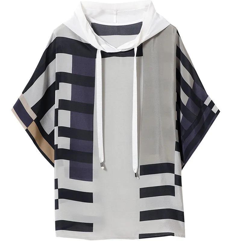 

Женская летняя свободная тонкая футболка с капюшоном, топ с полосками XS