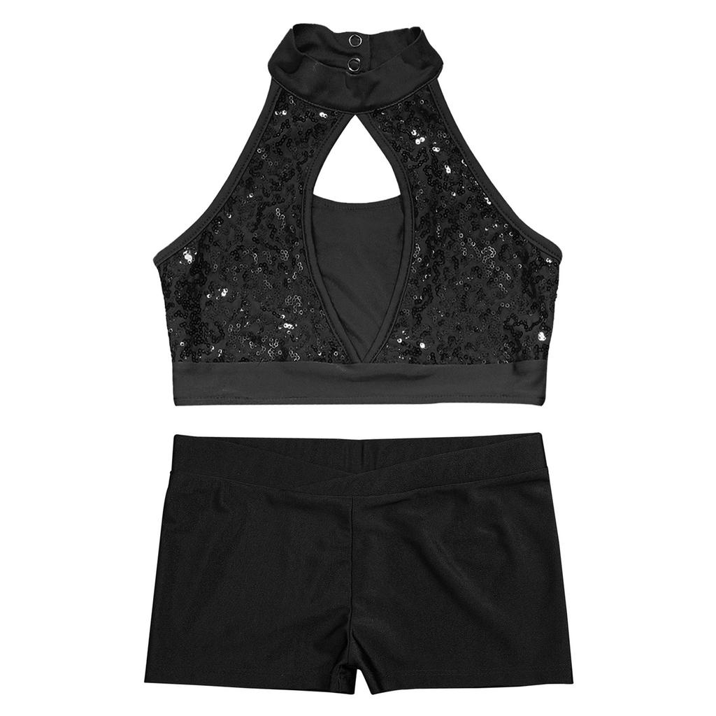 Kids Sleeveless Sequin Patchwork Top Hollow Front Keyhole Back V Waistband Shorts for Dance Competitions Gymnastics Practice