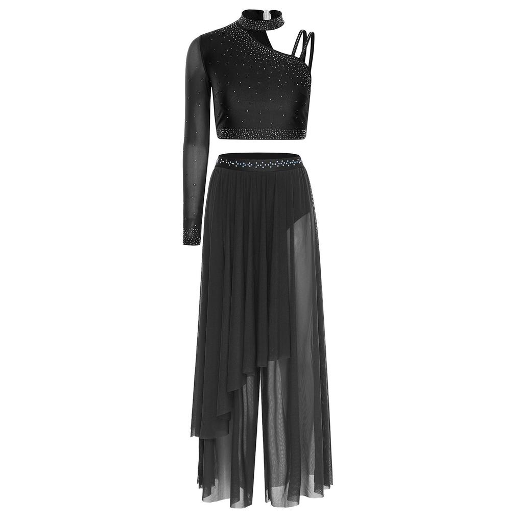 Completo Lirico da Donna con Strass Crop Top Asimmetrico a Manica Lunga Pantaloni Larghi Irregolari Sovrapposti