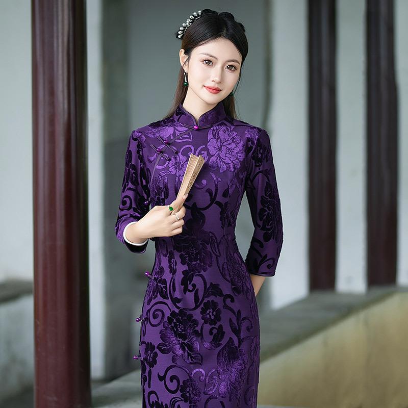 Purple Mother Dress National Style New Chinese Long-sleeved Cheongsam Improved Young Women's High-end Sense Retro Spring and Autumn