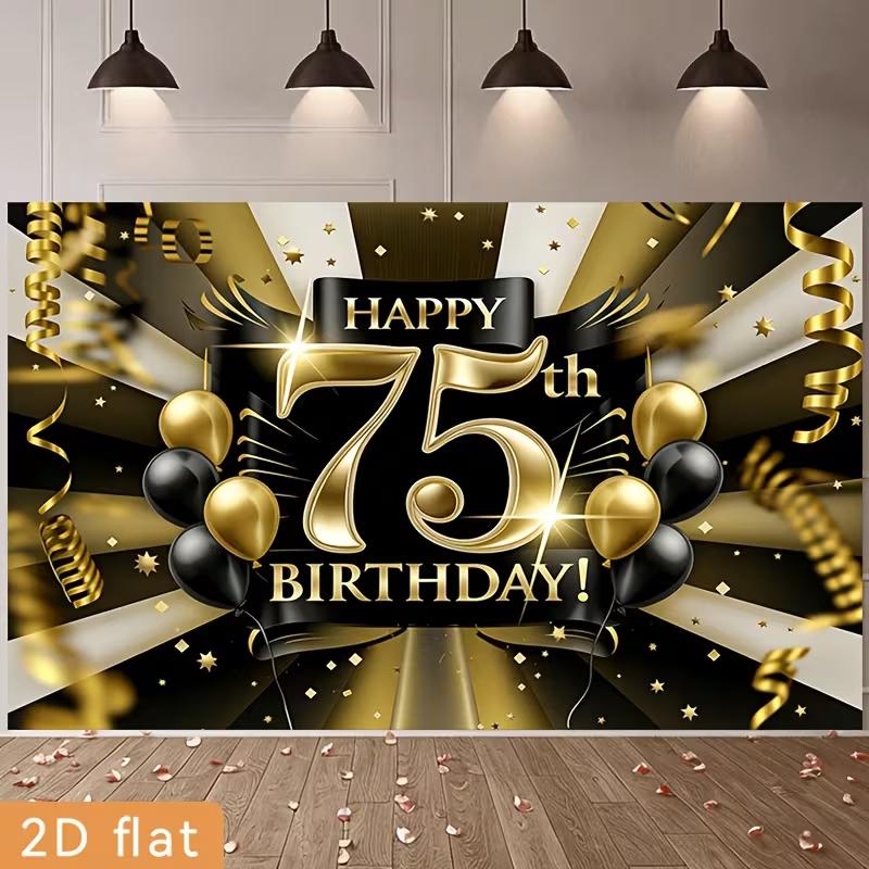 

2D 75th Birthday Backdrop Black Gold Balloon & Streamer Party Photo Booth Background 47.2x31.5inch/120*80cm